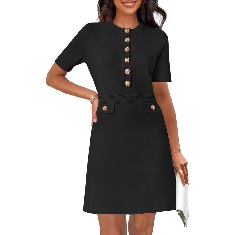 💫 Women Knit Bodycon Sweater Black Button Short Sleeve Crew Neck Formal Dress